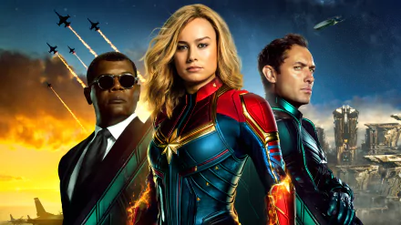 HD desktop wallpaper featuring Captain Marvel movie characters Nick Fury, Captain Marvel, and another individual. Tagline: Samuel L. Jackson, Brie Larson, Captain Marvel, movie action.