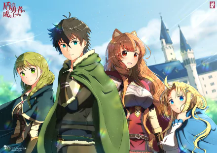 HD desktop wallpaper featuring characters Rishia Ivyred, Filo, Raphtalia, and Naofumi Iwatani from the anime The Rising of the Shield Hero, set against a backdrop of a castle and clear sky.