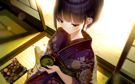 A serene anime geisha with brown eyes and short black hair, wearing a beautifully detailed kimono, gazes thoughtfully at a cup in a warm, softly lit room.