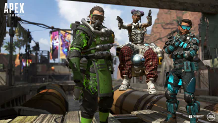 HD desktop wallpaper and background of Lifeline and two other characters from Apex Legends, a popular video game. The trio is posed in a detailed, industrial setting.