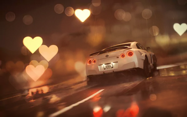 4K Ultra HD PC wallpaper showcasing a white Nissan GT-R from the video game Need For Speed on a rain-soaked road with heart-shaped bokeh lights in the background.