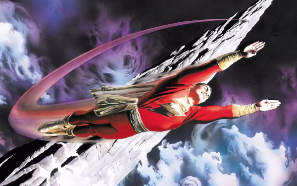 Billy Batson as Shazam (DC Comics) soars through storm clouds with a lightning trail — comic-style 4K Ultra HD PC desktop wallpaper.
