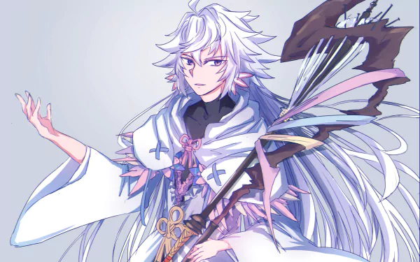 HD PC wallpaper featuring Merlin from the Fate Series, depicted in anime style from Fate/Grand Order with flowing white hair and detailed robes.