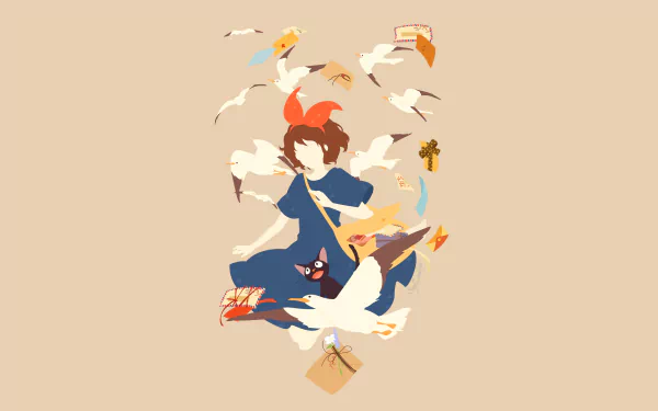Kiki from Kiki's Delivery Service flies surrounded by seagulls and mail in an anime-style 4K Ultra HD desktop wallpaper.