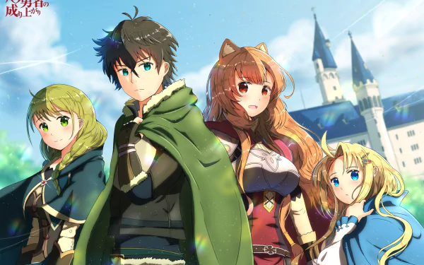 HD desktop wallpaper featuring characters Rishia Ivyred, Filo, Raphtalia, and Naofumi Iwatani from the anime The Rising of the Shield Hero, set against a backdrop of a castle and clear sky.