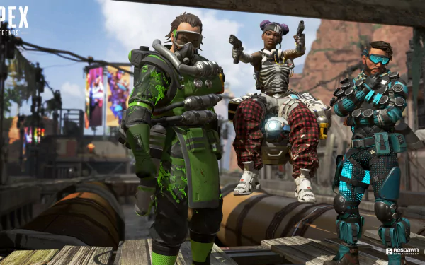 HD desktop wallpaper and background of Lifeline and two other characters from Apex Legends, a popular video game. The trio is posed in a detailed, industrial setting.