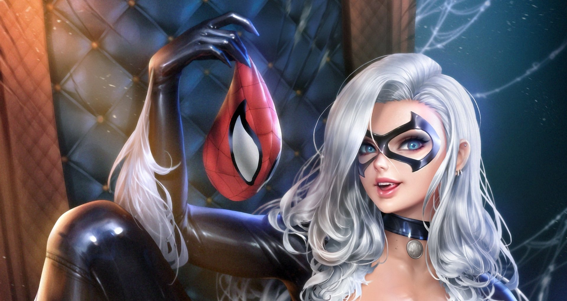 HD PC desktop wallpaper of Black Cat (Marvel Comics): white hair, blue eyes, masked in a glossy black catsuit, holding Spider-Man’s red mask against a moody comic-style backdrop.