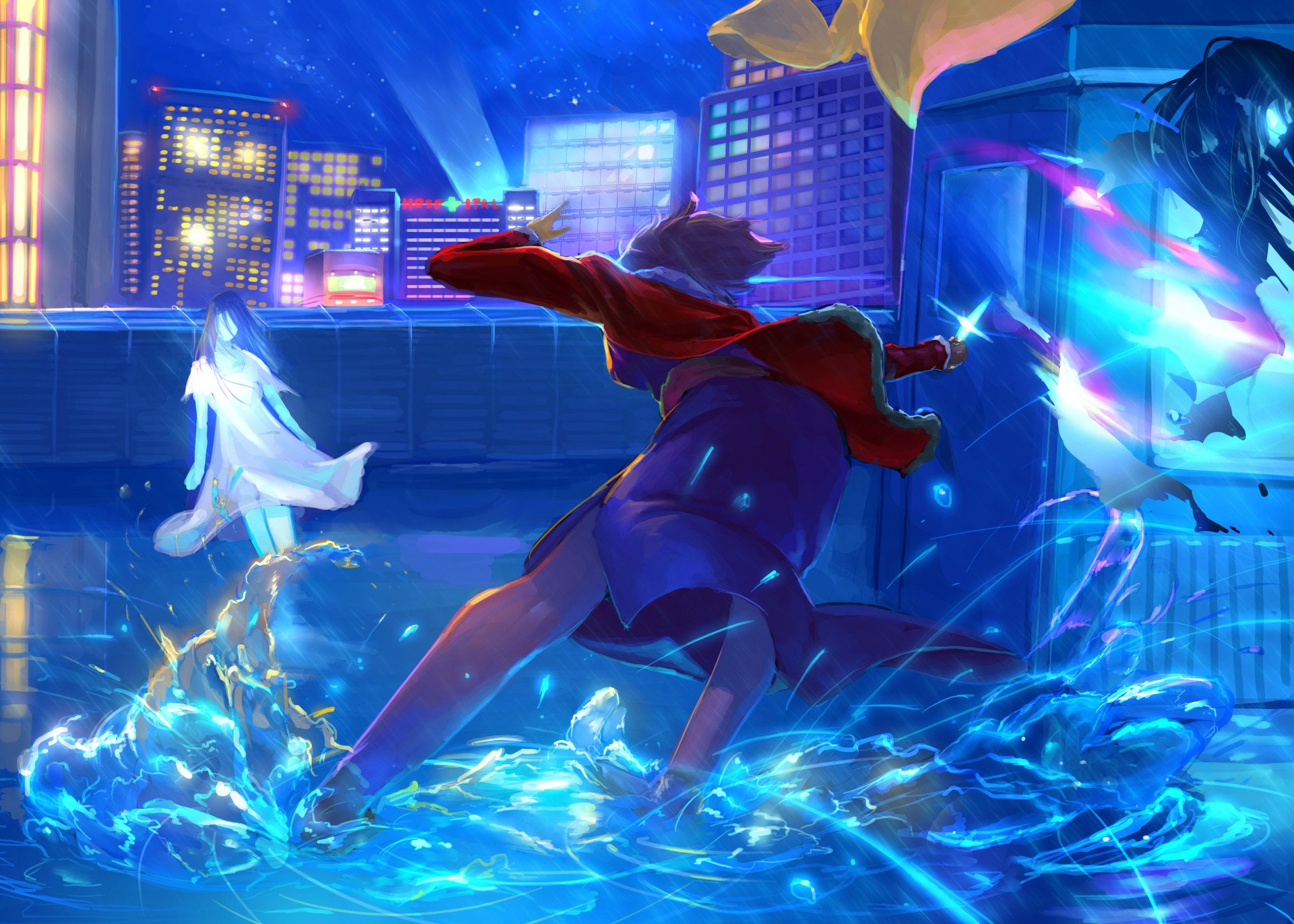HD PC desktop wallpaper featuring Shiki Ryougi from the anime The Garden of Sinners, depicted in an intense action scene with vibrant city lights and dynamic water effects.
