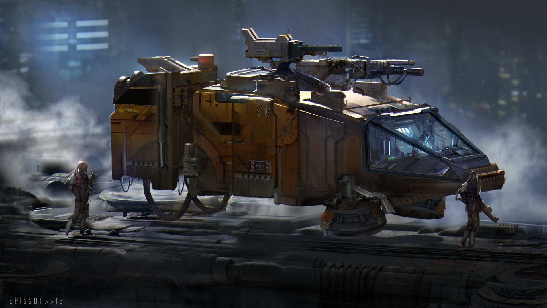 Futuristic sci-fi vehicle with armed turret, set in a dark urban environment, rendered as a high-definition PC desktop wallpaper background.