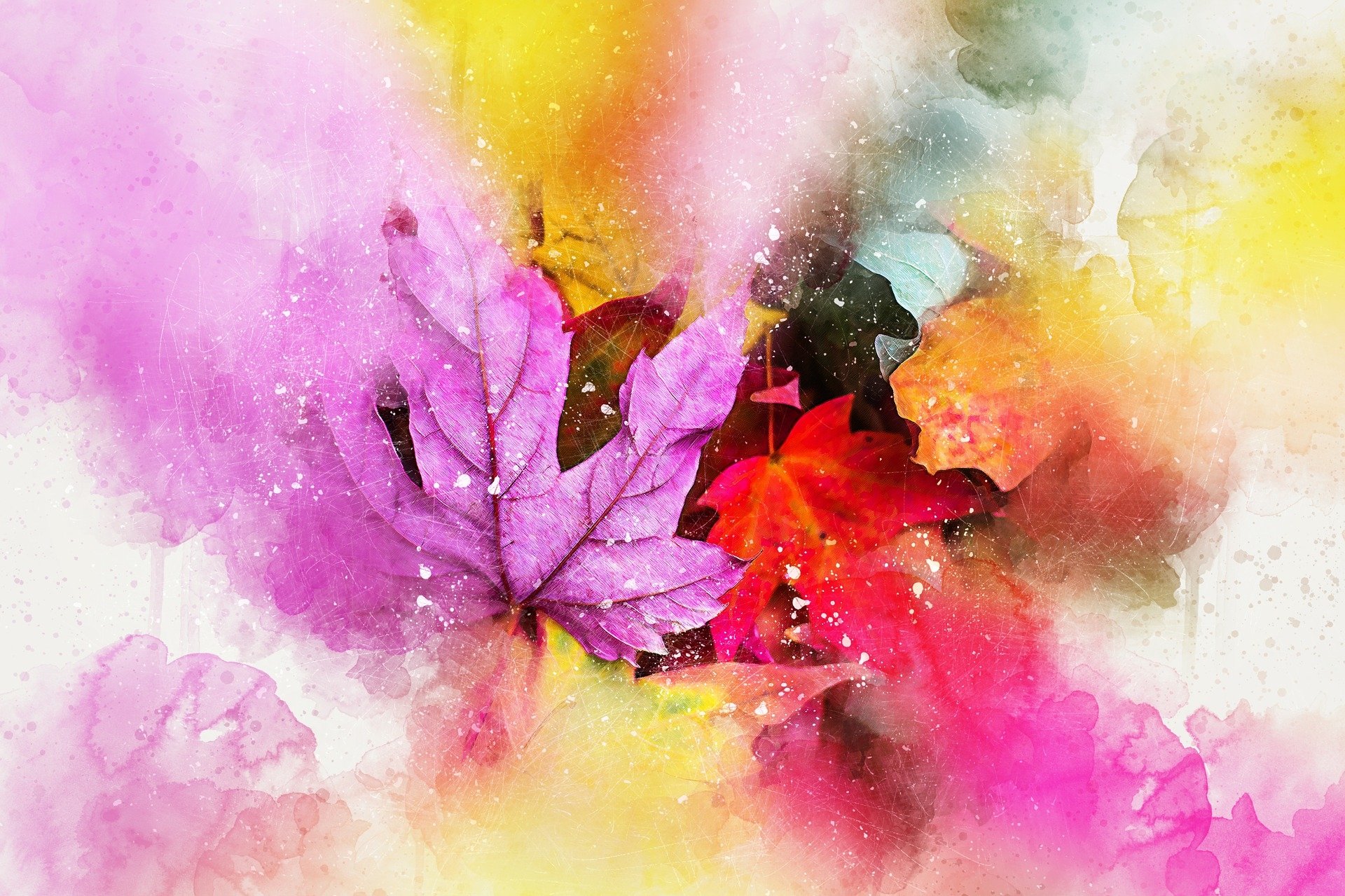 HD desktop wallpaper featuring a colorful watercolor art of leaves, blended in vibrant hues of pink, yellow, and red, creating an artistic and nature-inspired background.