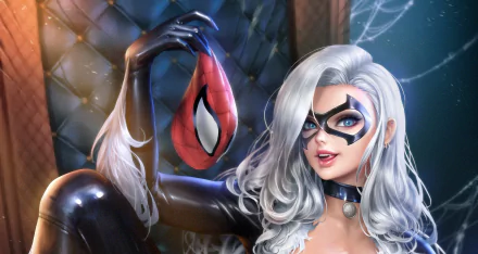 HD PC desktop wallpaper of Black Cat (Marvel Comics): white hair, blue eyes, masked in a glossy black catsuit, holding Spider-Man’s red mask against a moody comic-style backdrop.