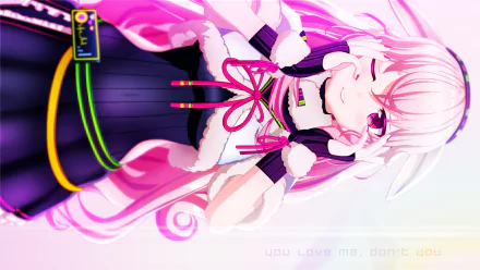 HD PC wallpaper of anime Virtual YouTuber Mememe Mokota: pink-haired girl with long twin tails, headphones and fur-trim outfit, winking on a soft pink background.