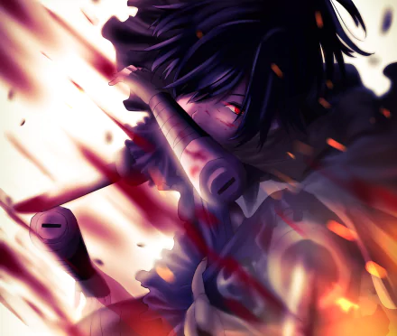 HD desktop wallpaper of Hyakkimaru from Dororo anime, featuring his intense red eyes, black hair, and a weapon in hand, amidst a dramatic and fiery background.