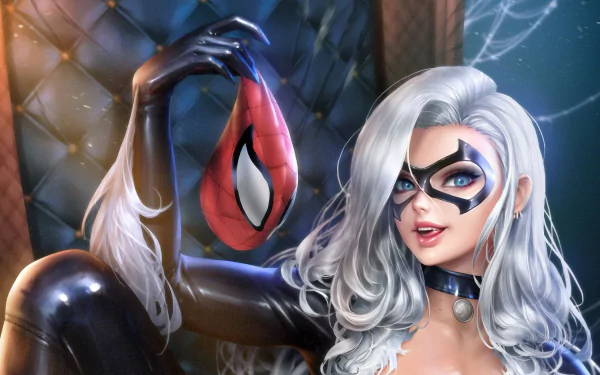 HD PC desktop wallpaper of Black Cat (Marvel Comics): white hair, blue eyes, masked in a glossy black catsuit, holding Spider-Man’s red mask against a moody comic-style backdrop.