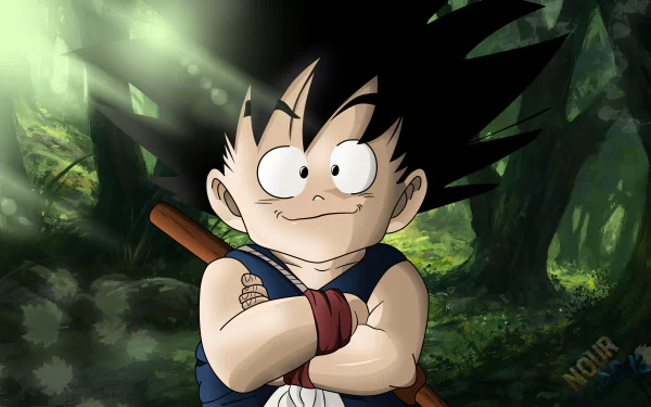 Goku from Dragon Ball stands confidently in a forest, captured in vibrant anime style for a 4K Ultra HD PC desktop wallpaper and background.