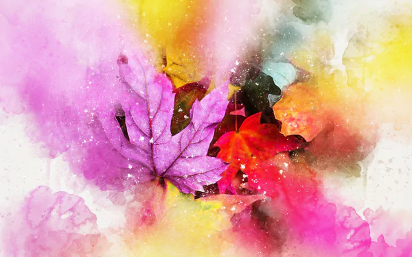 HD desktop wallpaper featuring a colorful watercolor art of leaves, blended in vibrant hues of pink, yellow, and red, creating an artistic and nature-inspired background.