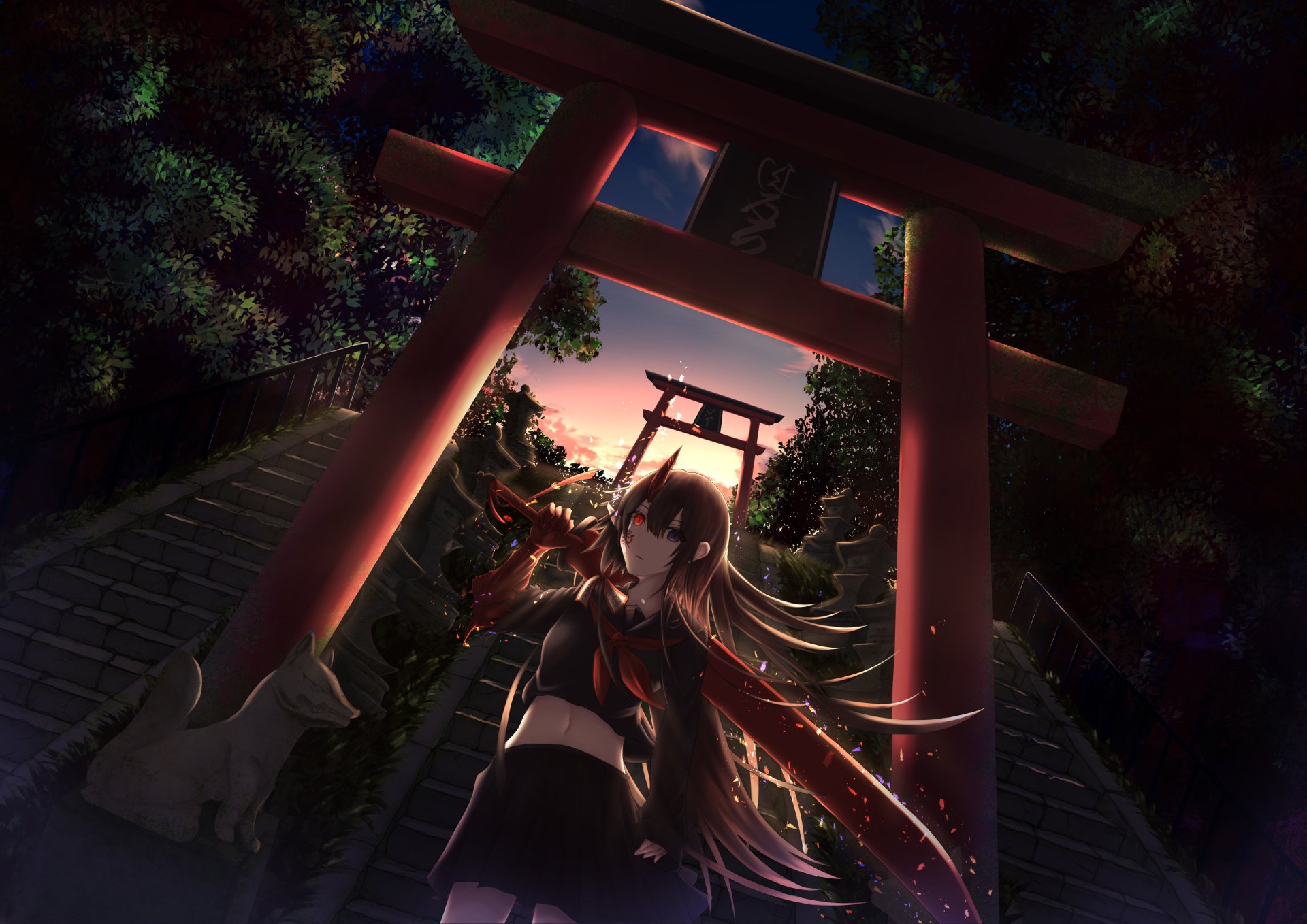 HD desktop wallpaper featuring an anime character with heterochromia, black and red eyes, black long hair, and pointed ears, holding a sword beneath a red torii gate at dusk with a forest background.