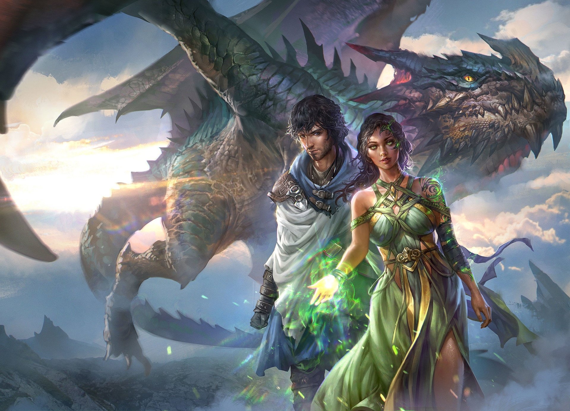 A fantasy HD PC desktop wallpaper depicting a magical scene with a powerful sorceress, a warrior, and a fierce dragon in a mystical landscape.