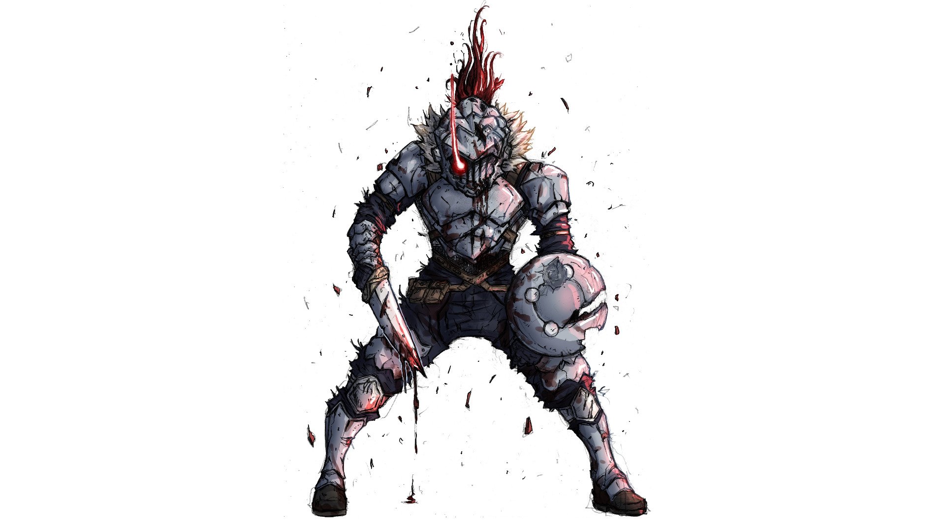 HD anime wallpaper featuring a dynamic Goblin Slayer character in battle-ready armor, holding a helmet with striking red and black color accents on a white background.