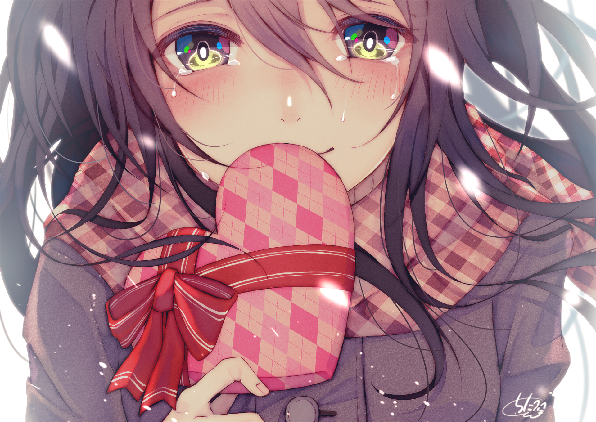 Anime girl with tears holding a heart-shaped gift wrapped in pink and red, set against a Valentine's Day themed HD wallpaper background.