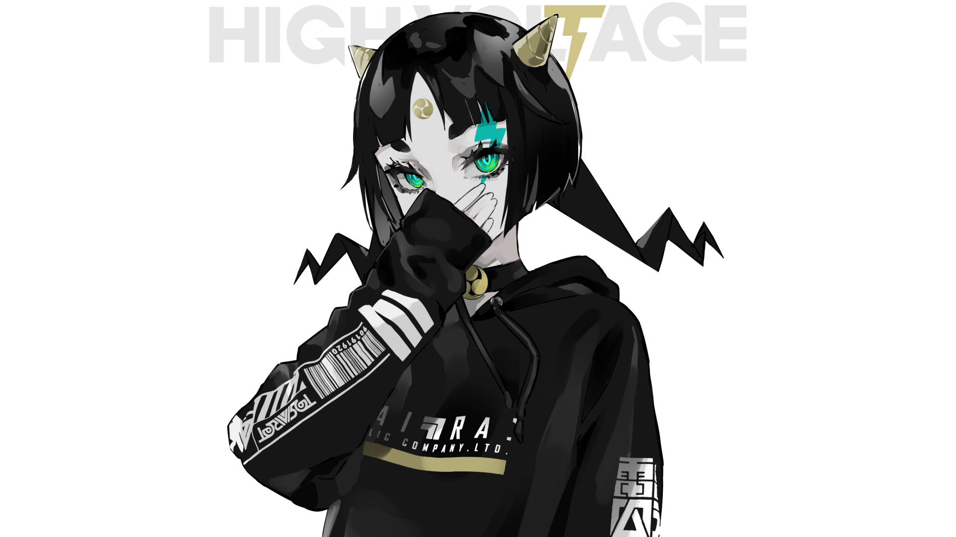 A stylish anime character with striking teal eyes and black hair adorned with horns, wearing a black hoodie, set against a modern, digital backdrop. HD PC desktop wallpaper.