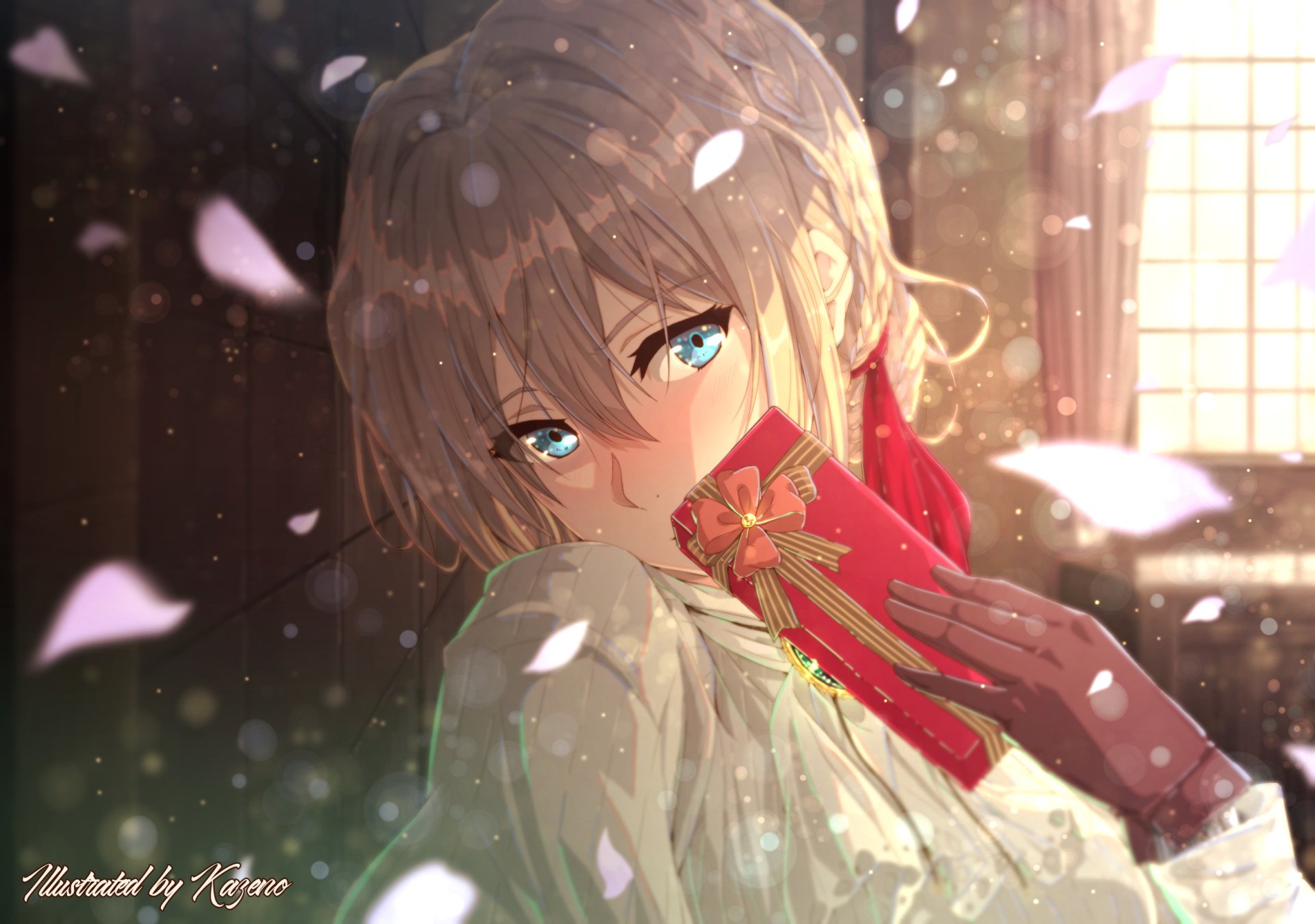 Violet Evergarden holds a red Valentine’s Day card, surrounded by soft light and falling petals, capturing themes of love in this HD anime desktop wallpaper.