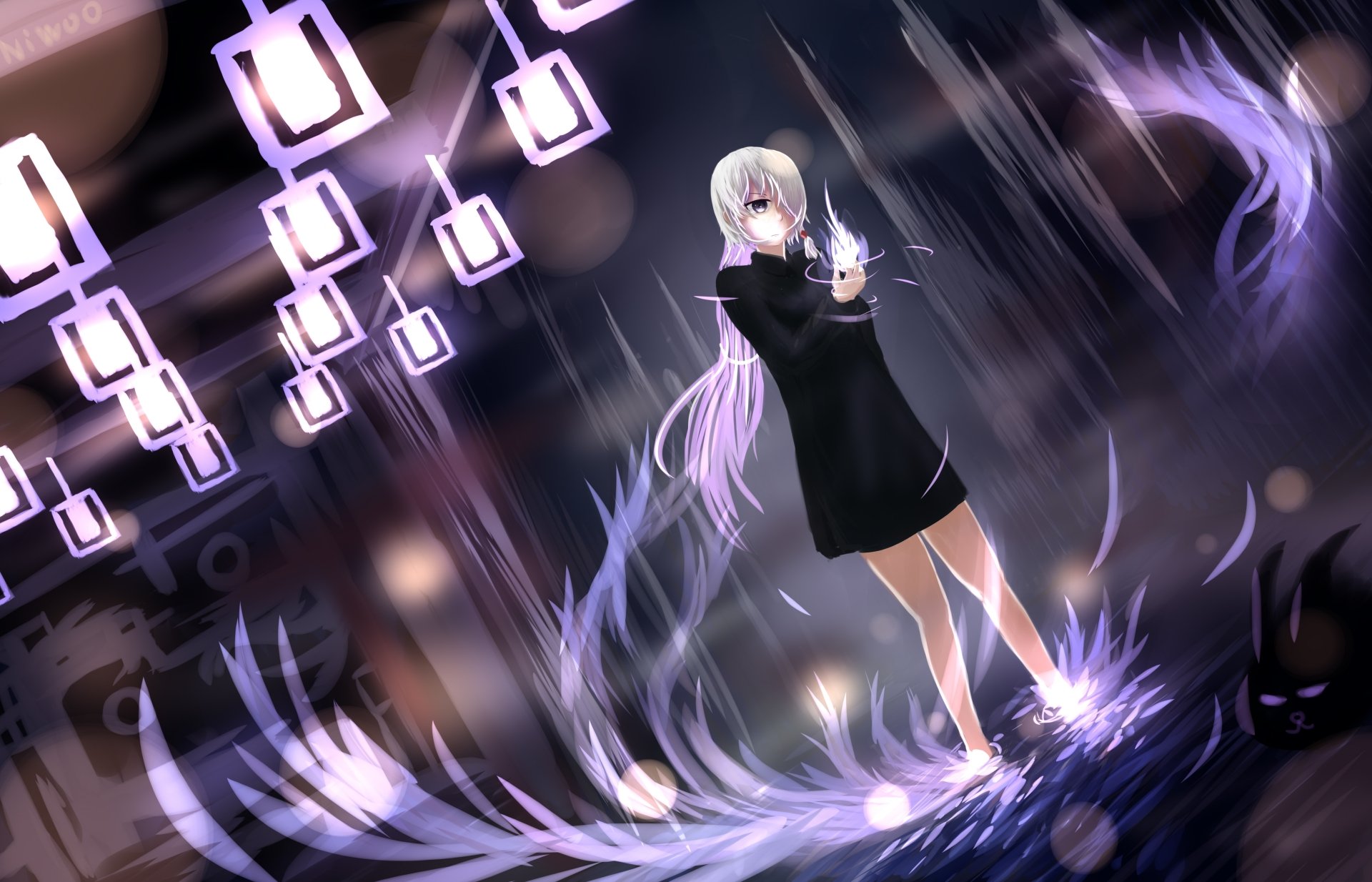 Anime original 5K Ultra HD PC desktop wallpaper: pale‑haired girl in a black dress summons swirling purple energy in the rain beneath floating neon squares, standing on rippling reflective water.