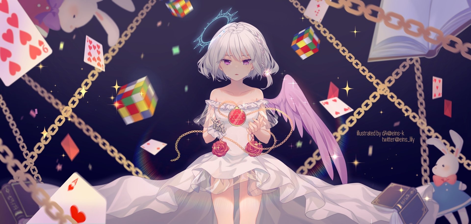 HD wallpaper featuring an anime angel with white hair and purple wings, surrounded by floating Rubik's cubes, cards, dice, and gold chains.