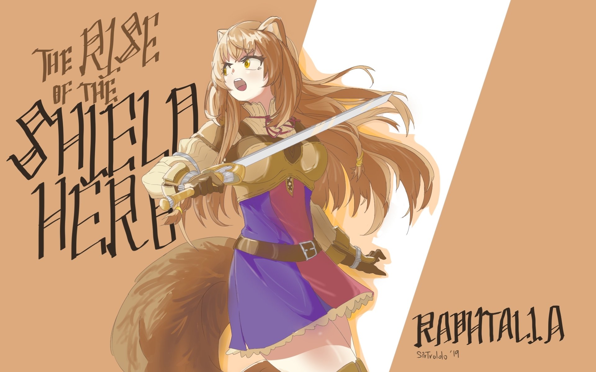 Raphtalia from The Rising of the Shield Hero stands poised with a sword, set against a stylized background, featured in this vibrant HD anime wallpaper.