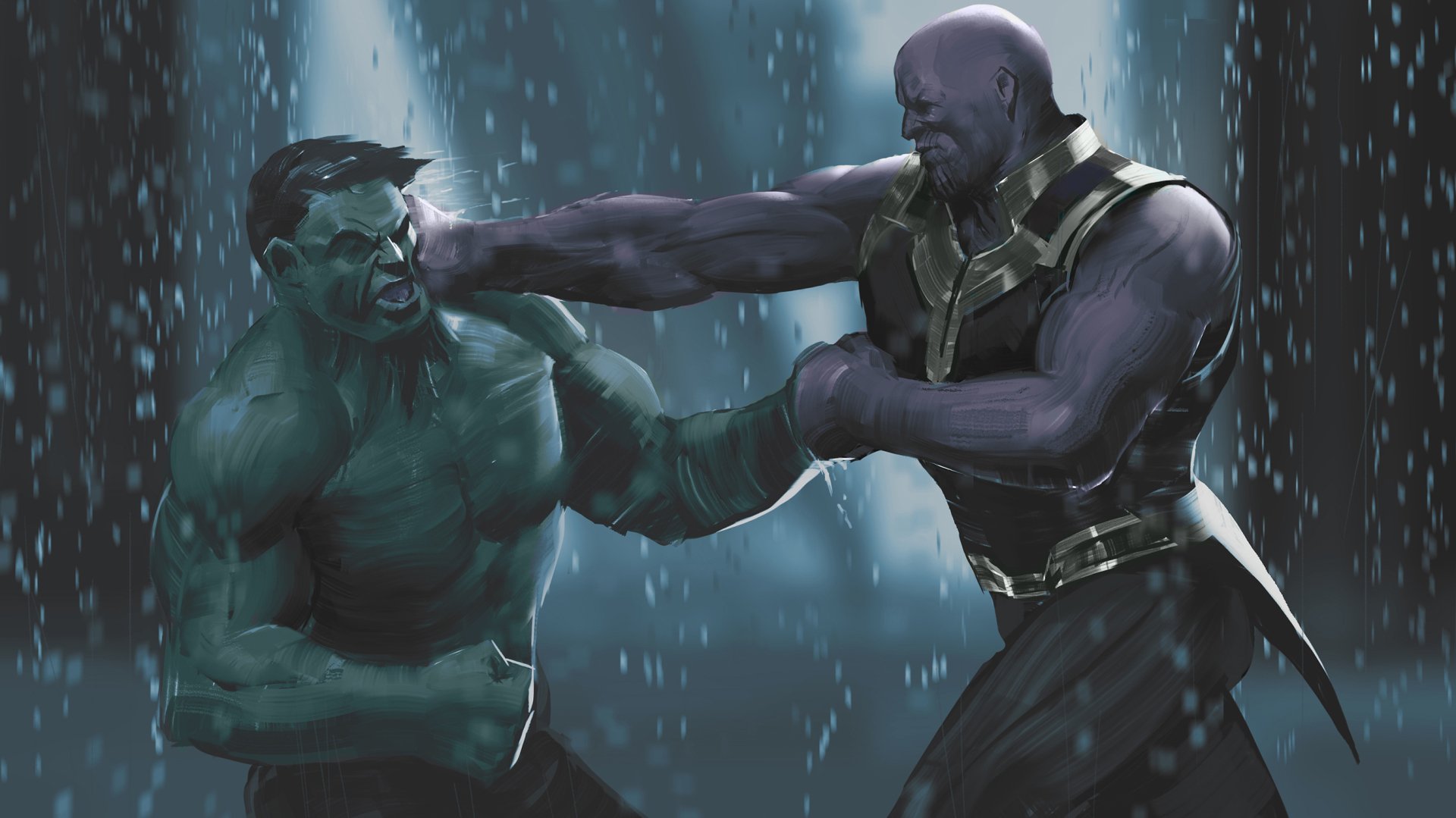 HD PC desktop wallpaper of Thanos punching Hulk in the rain — cinematic Avengers: Infinity War movie battle scene.