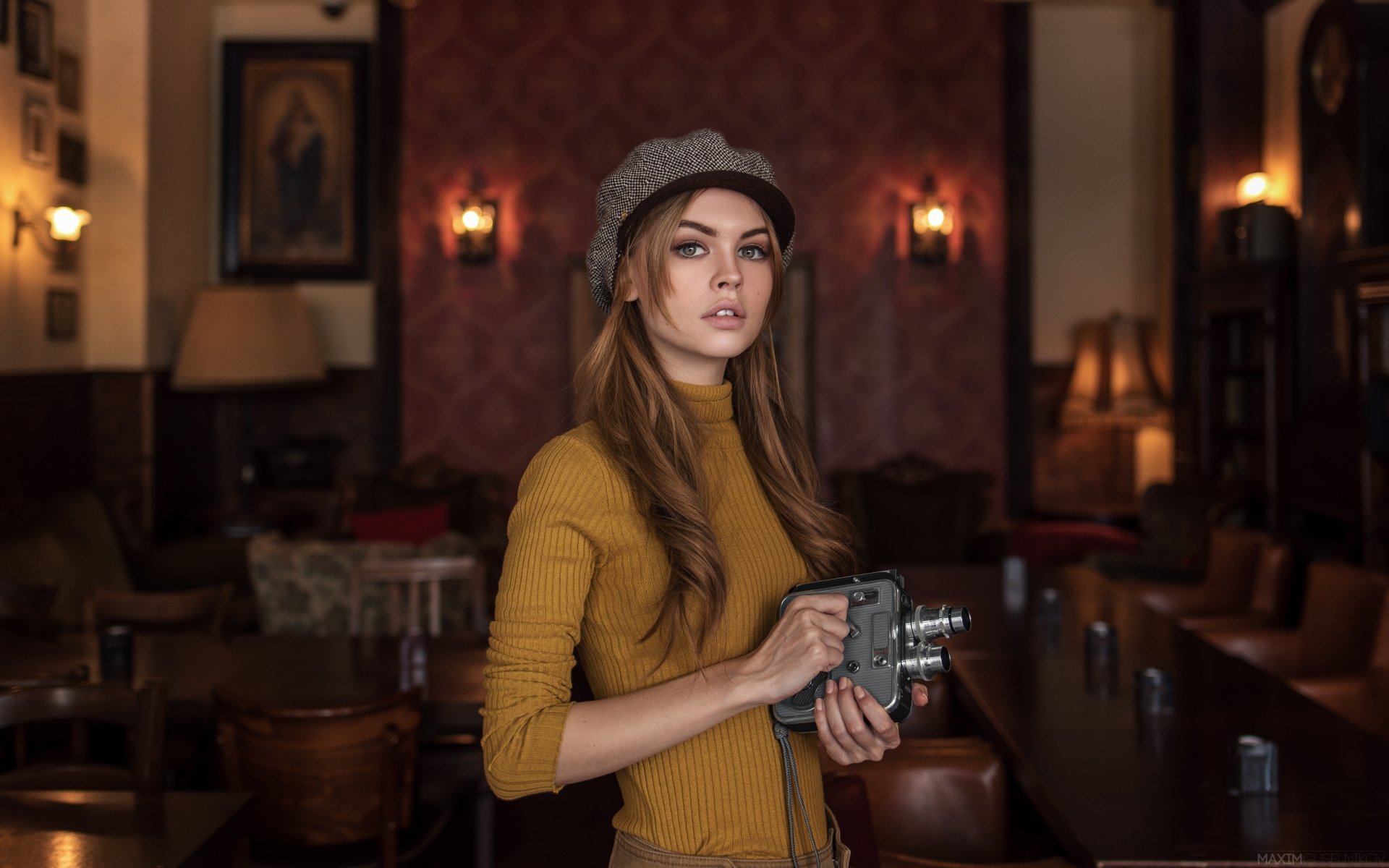 Download Long Hair Brunette Camera Hat Russian Model Woman Anastasiya Scheglova 4k Ultra HD Wallpaper by Maxim Guselnikov