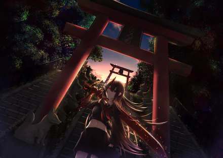 HD desktop wallpaper featuring an anime character with heterochromia, black and red eyes, black long hair, and pointed ears, holding a sword beneath a red torii gate at dusk with a forest background.