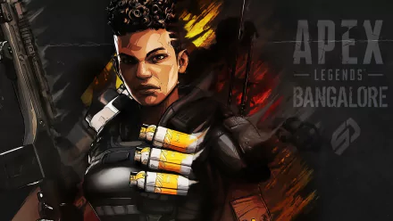 HD desktop wallpaper featuring Bangalore from the video game Apex Legends, showcasing a dynamic and intense character pose.