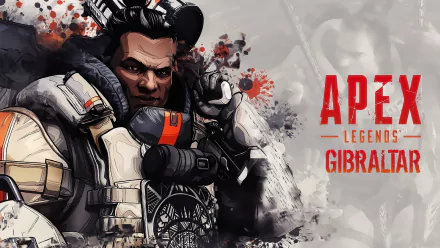 HD PC desktop wallpaper featuring Gibraltar from the video game Apex Legends, showcasing detailed artwork and dynamic splatter effects in a vibrant background.