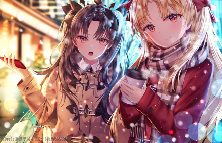 HD desktop wallpaper featuring Rin Tohsaka and Ereshkigal from Fate/Grand Order. The anime characters are depicted in a detailed and colorful winter setting, creating a vibrant and cozy atmosphere.