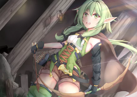 HD desktop wallpaper of High Elf Archer from the anime Goblin Slayer, featuring a detailed background and vibrant character design. The archer stands ready with her bow inside a rustic setting.