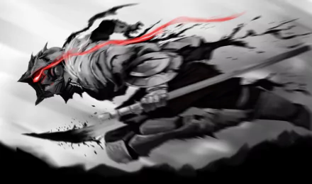 HD desktop wallpaper featuring the character Goblin Slayer in action, brilliantly rendered in a dynamic, dramatic style with striking red and black tones.