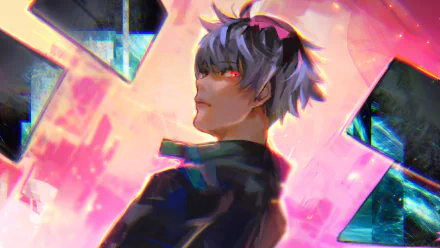 HD PC desktop wallpaper featuring Ken Kaneki as Haise Sasaki from the anime Tokyo Ghoul:re, showcasing his intense gaze against a vibrant, abstract background.