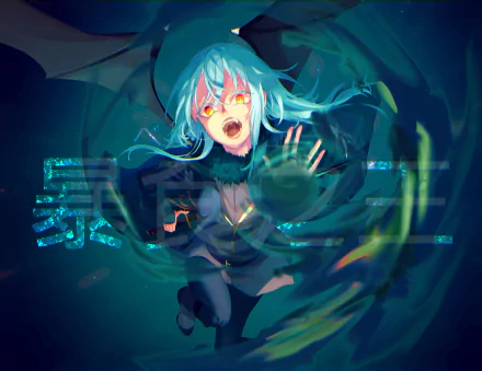 HD PC desktop wallpaper featuring Rimuru Tempest from the anime That Time I Got Reincarnated as a Slime, glowing blue hair and swirling green energy.