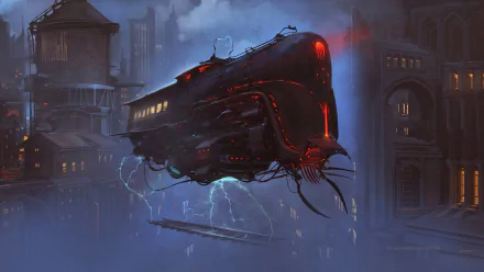 HD PC desktop wallpaper featuring a dark, steampunk sci-fi vehicle hovering amidst a foggy, industrial cityscape illuminated by electric sparks.