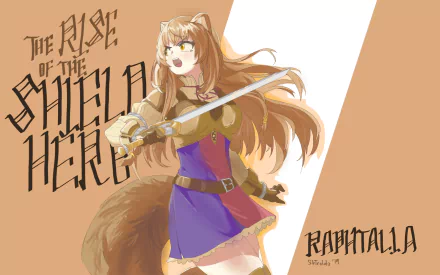 Raphtalia from The Rising of the Shield Hero stands poised with a sword, set against a stylized background, featured in this vibrant HD anime wallpaper.