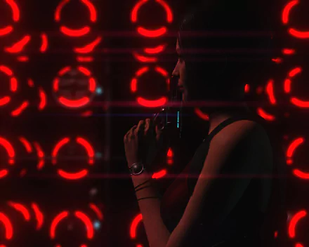 HD PC desktop wallpaper featuring Ada Wong from the video game Resident Evil 2 (2019), shown in silhouette against a vibrant red circular light background.