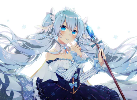 HD anime wallpaper of Hatsune Miku with long blue hair, aqua eyes, and a blush, holding a staff against a light background with subtle snowflake accents.