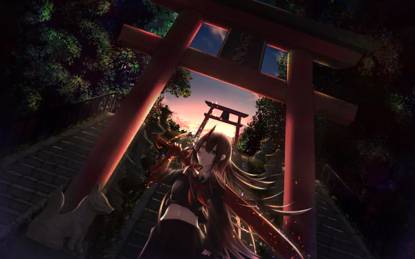 HD desktop wallpaper featuring an anime character with heterochromia, black and red eyes, black long hair, and pointed ears, holding a sword beneath a red torii gate at dusk with a forest background.