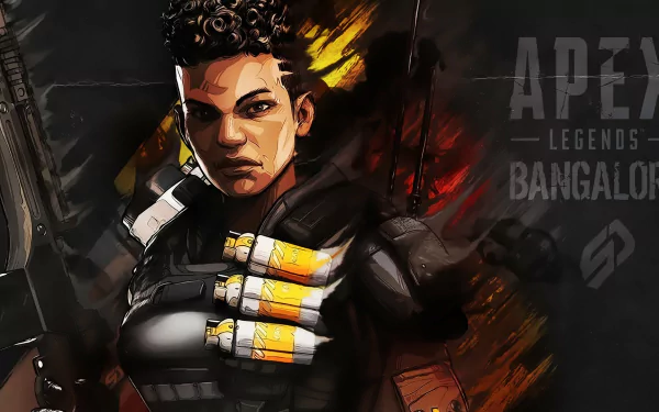 HD desktop wallpaper featuring Bangalore from the video game Apex Legends, showcasing a dynamic and intense character pose.