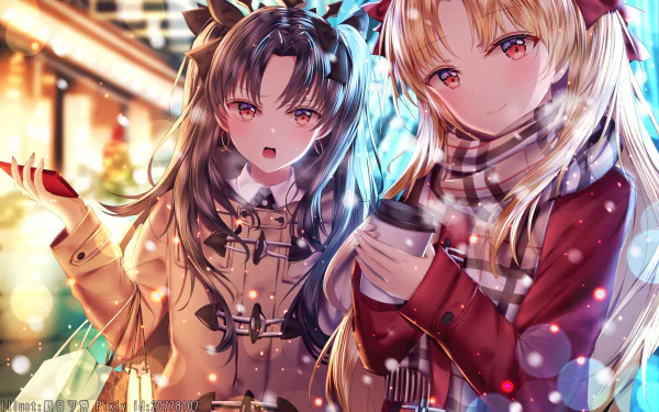 HD desktop wallpaper featuring Rin Tohsaka and Ereshkigal from Fate/Grand Order. The anime characters are depicted in a detailed and colorful winter setting, creating a vibrant and cozy atmosphere.