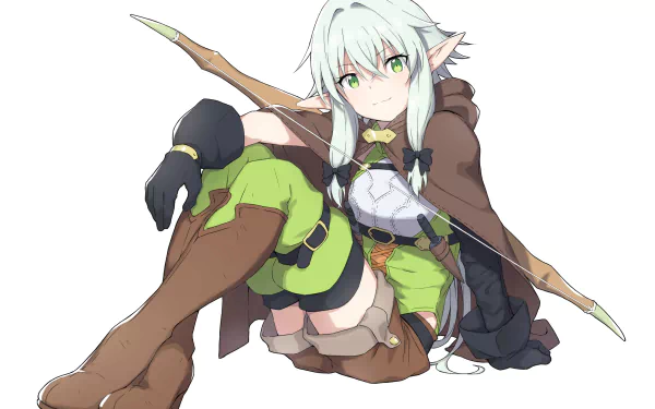 HD anime desktop wallpaper featuring the High Elf Archer from Goblin Slayer, with pointed ears, green eyes, wearing shorts, gloves, boots, and holding a bow.