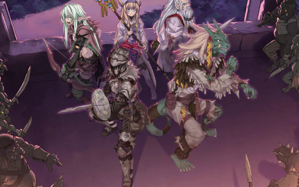 HD anime wallpaper featuring the Lizard Priest, Dwarf Shaman, Priestess, and High Elf Archer from Goblin Slayer, surrounded by goblin enemies in a dark fantasy setting.