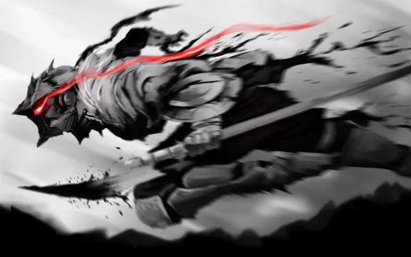HD desktop wallpaper featuring the character Goblin Slayer in action, brilliantly rendered in a dynamic, dramatic style with striking red and black tones.