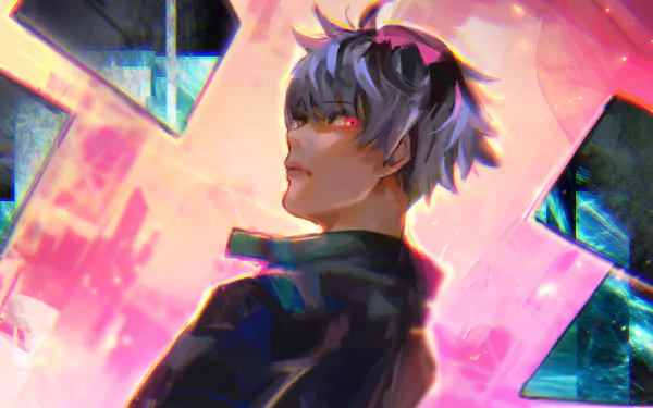 HD PC desktop wallpaper featuring Ken Kaneki as Haise Sasaki from the anime Tokyo Ghoul:re, showcasing his intense gaze against a vibrant, abstract background.